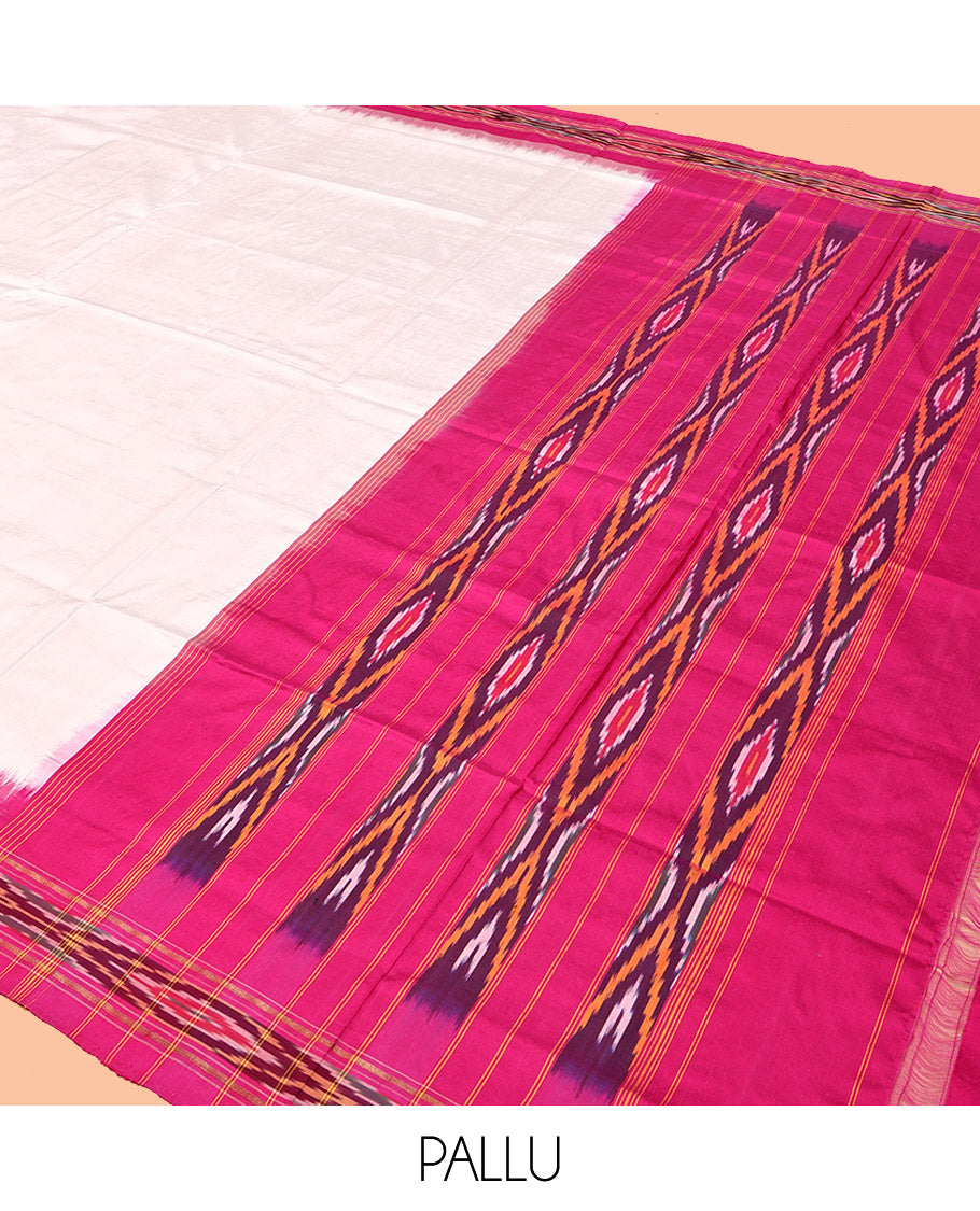 White Plain Pochampally Ikat Silk Saree, Complemented by a Contrast Ikat Textured Border, Ikat Pallu, and No Blouse