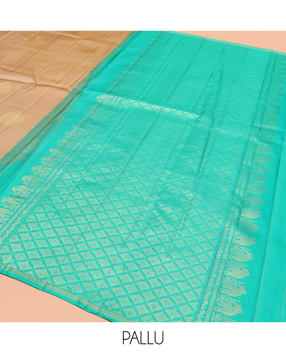 Sandal Kanchipuram Silk Saree Featuring Betel Leaf Zari Buttas Enclosed in Checks, Complemented by a Contrast Thin Border, Pallu Flanked by Yannai and Jaal Designs, Paired with a Contrast Plain Blouse
