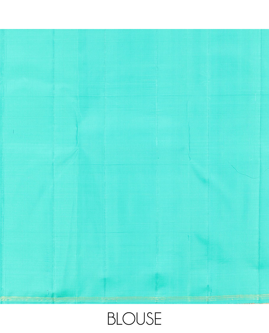 Sandal Kanchipuram Silk Saree Featuring Betel Leaf Zari Buttas Enclosed in Checks, Complemented by a Contrast Thin Border, Pallu Flanked by Yannai and Jaal Designs, Paired with a Contrast Plain Blouse