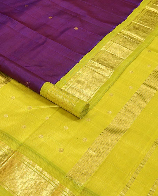 Purple round buttas kancheepuram silk saree with contrast korvai border of thilakam mokku, banaras design & zari design pallu