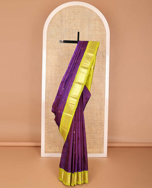 Purple round buttas kancheepuram silk saree with contrast korvai border of thilakam mokku, banaras design & zari design pallu