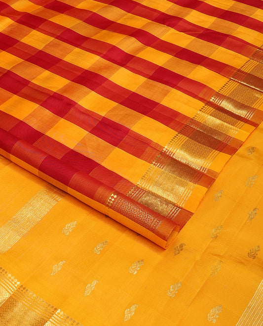 Multi-color checked Kanchipuram silk saree, one-sided zari border of panner sombu,banaras,muthu & mayil kann & zari design pallu