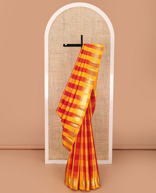 Multi-color checked Kanchipuram silk saree, one-sided zari border of panner sombu,banaras,muthu & mayil kann & zari design pallu