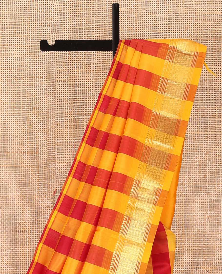 Multi-color checked Kanchipuram silk saree, one-sided zari border of panner sombu,banaras,muthu & mayil kann & zari design pallu