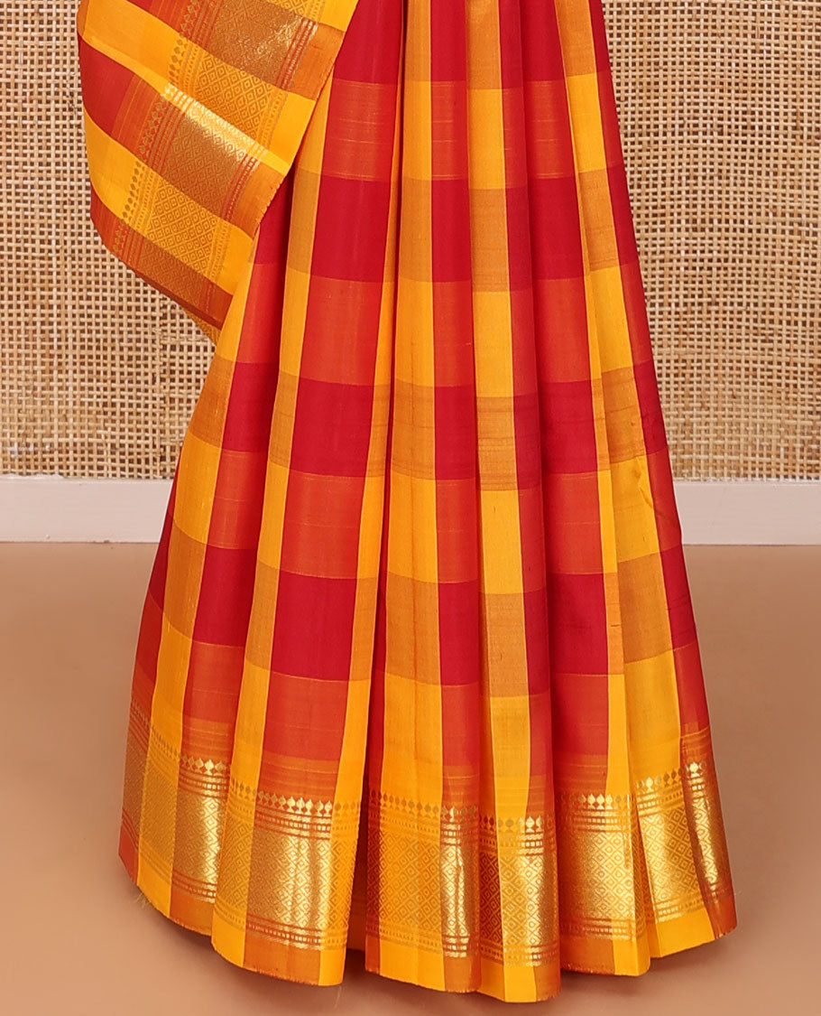Multi-color checked Kanchipuram silk saree, one-sided zari border of panner sombu,banaras,muthu & mayil kann & zari design pallu
