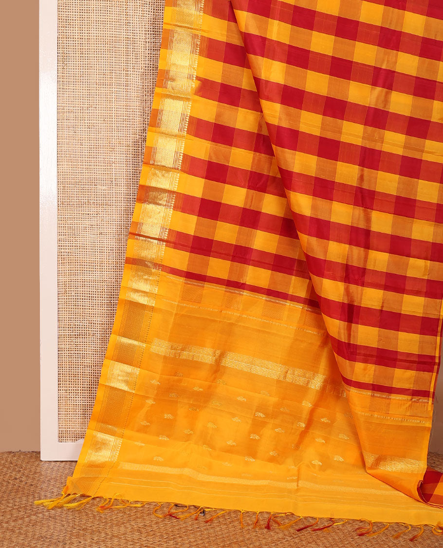 Multi-color checked Kanchipuram silk saree, one-sided zari border of panner sombu,banaras,muthu & mayil kann & zari design pallu