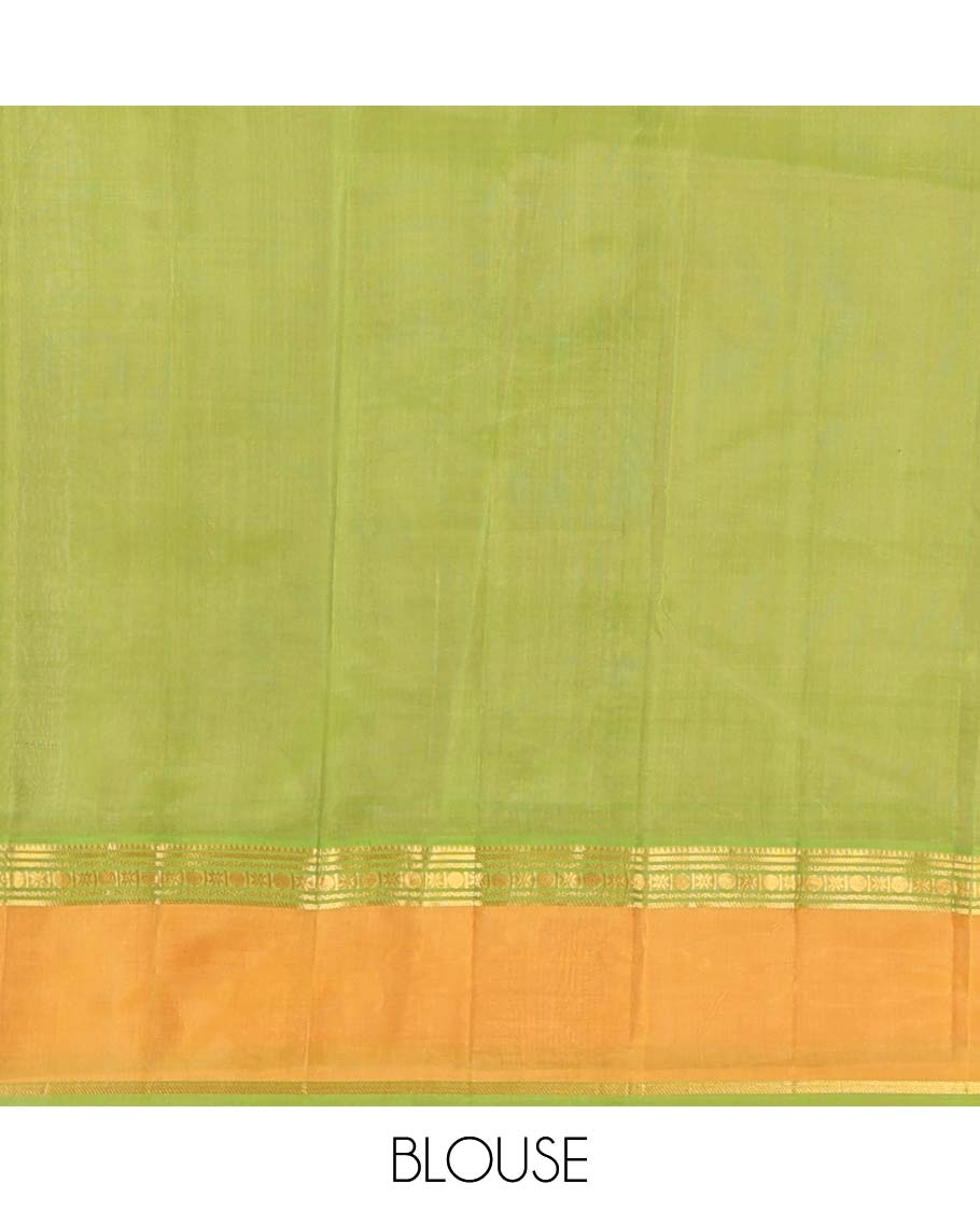 Sandal plain Kanchipuram silk saree, contrast rettai pettu border of rekku, banaras, cross kamalam, and poun designs, and zari design pallu