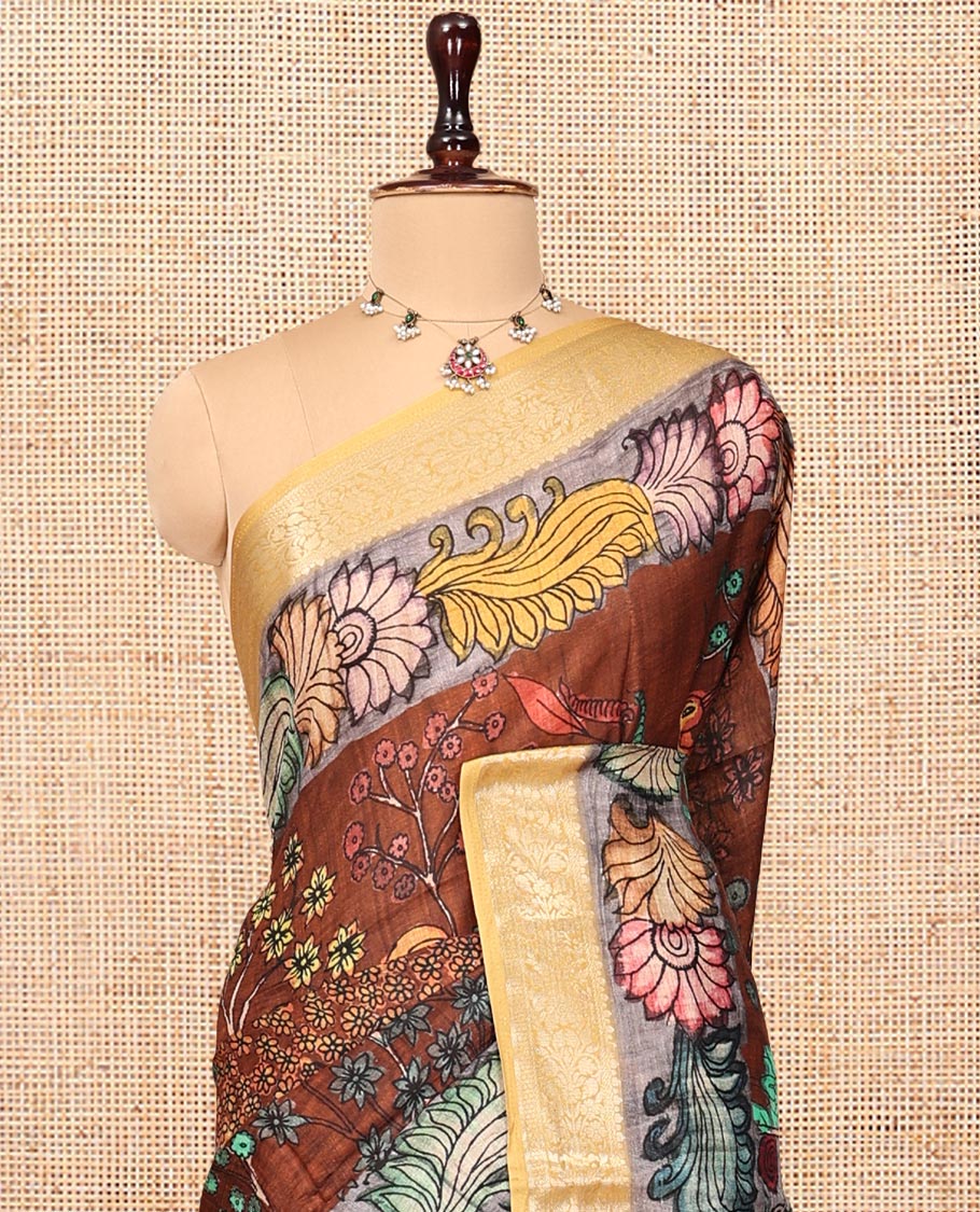 Brown Kalamkari Printed Semi-Banarasi Tussar Saree, Embellished with Floral Design, Contrast Border, Pallu of Lord Krishna Design, and a Contrast Blouse