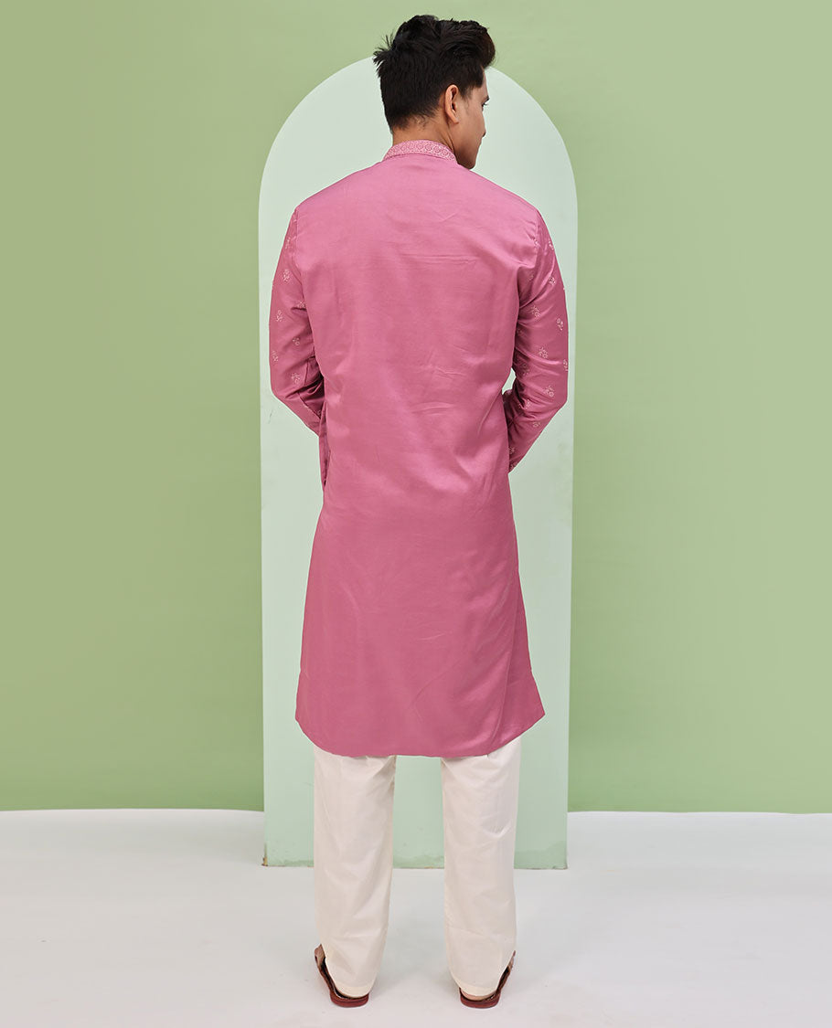 Pink floral buttas embroidered  & neck floral work full-sleeved kurta