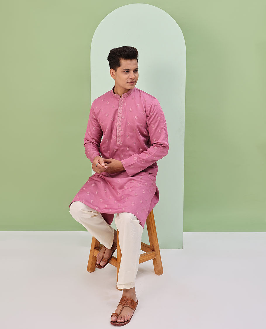 Pink floral buttas embroidered  & neck floral work full-sleeved kurta