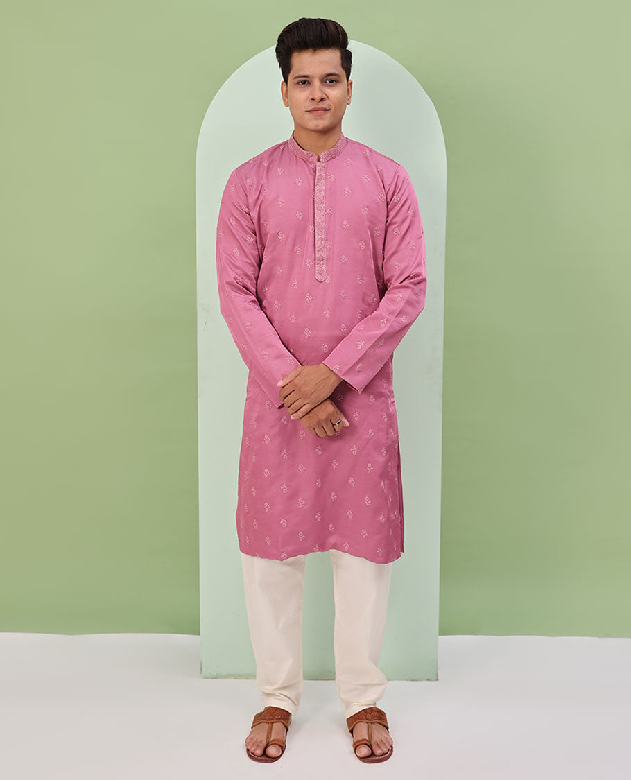 Pink floral buttas embroidered  & neck floral work full-sleeved kurta