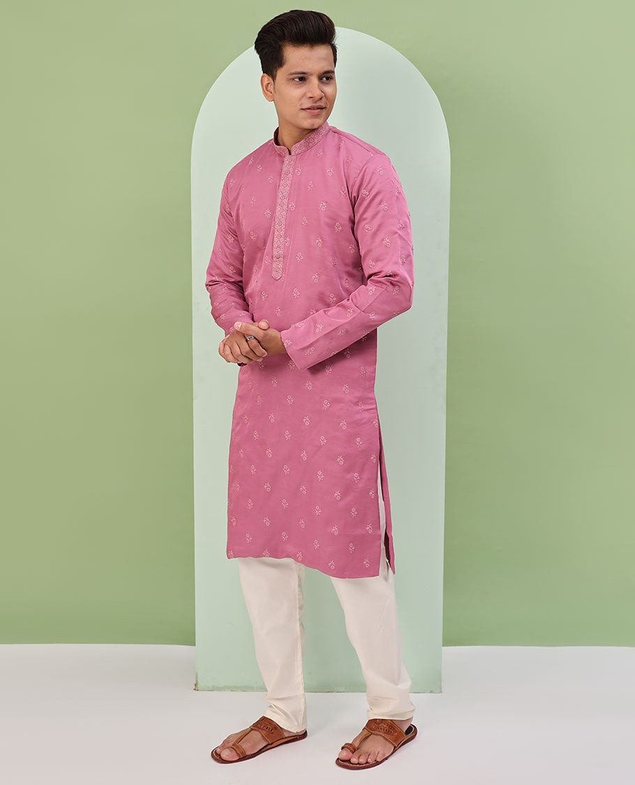 Pink floral buttas embroidered  & neck floral work full-sleeved kurta