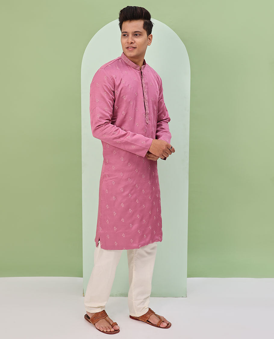 Pink floral buttas embroidered  & neck floral work full-sleeved kurta