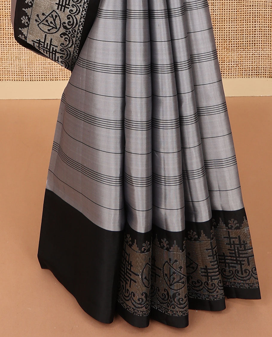 Grey striped mayuri soft silk saree with contrast intricate design border & abstract design pallu