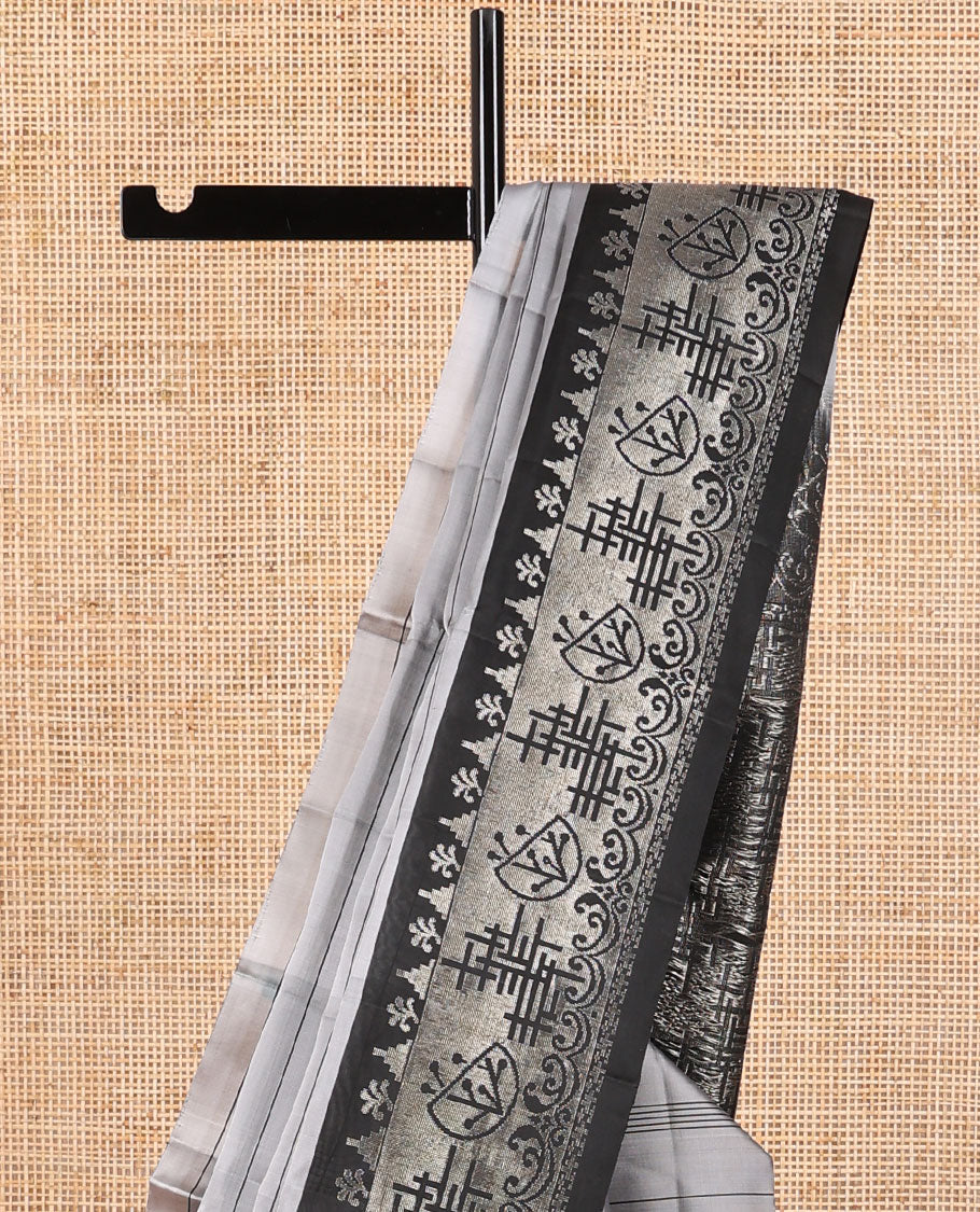 Grey striped mayuri soft silk saree with contrast intricate design border & abstract design pallu