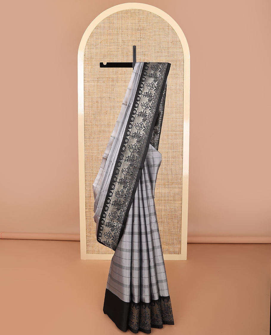 Grey striped mayuri soft silk saree with contrast intricate design border & abstract design pallu