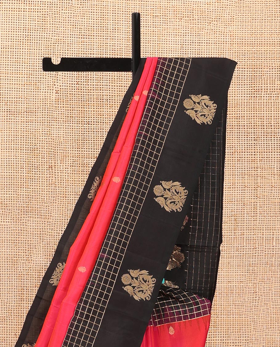 Red zari buttas soft silk saree, contrast zari checked border of peacock motifs & traditional motifs steeped pallu