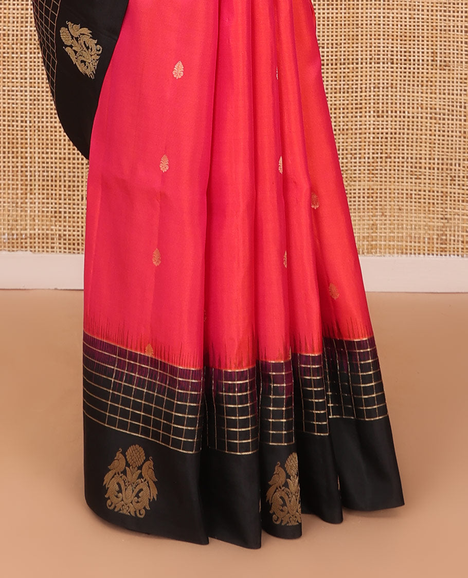 Red zari buttas soft silk saree, contrast zari checked border of peacock motifs & traditional motifs steeped pallu