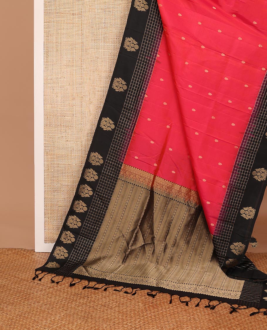 Red zari buttas soft silk saree, contrast zari checked border of peacock motifs & traditional motifs steeped pallu