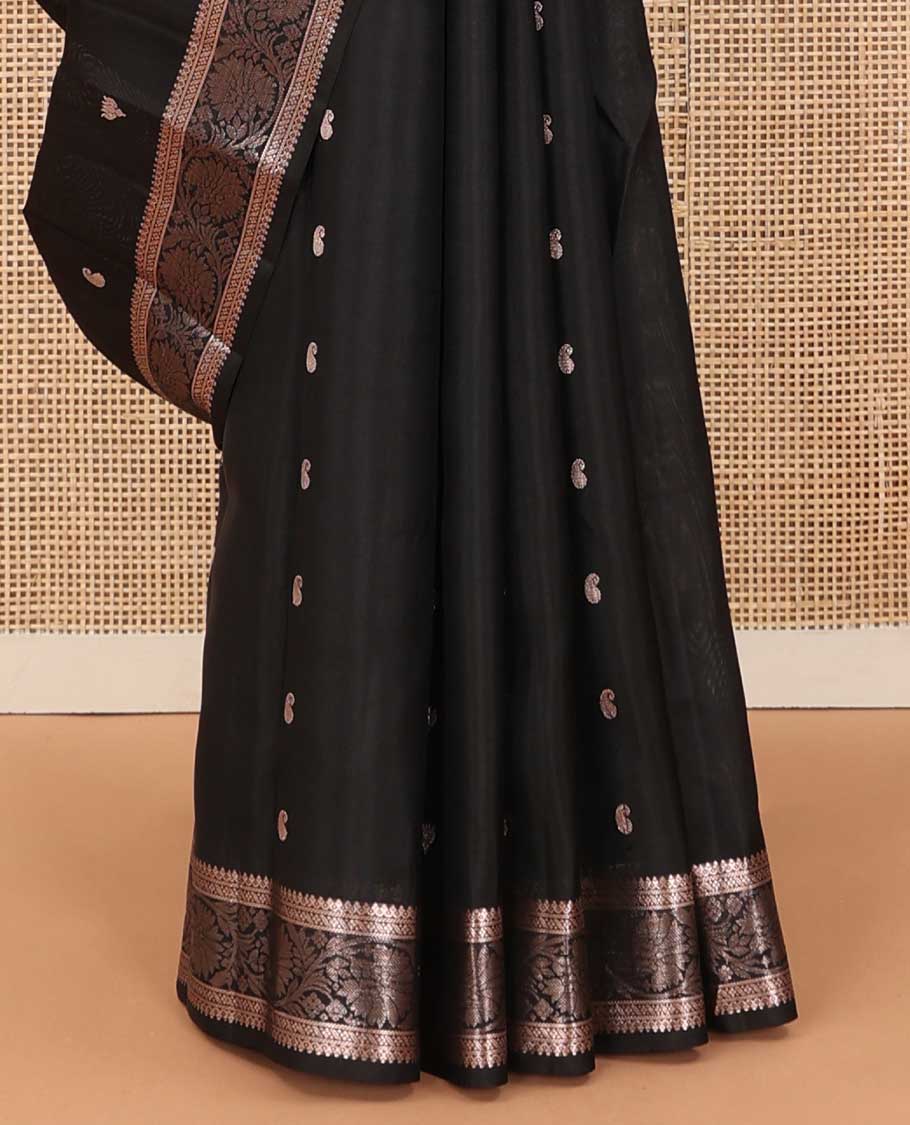 Black manga and pichwai lotus buttas soft silk saree, zari border of thilakam mokku and kodi visiry designs, and intricate pallu