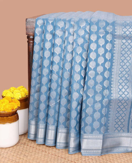 blue silver zari design silk cotton saree with double pad rudrashra border & rich pallu along with plain blouse