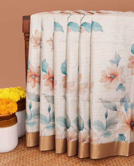 Mustard zari checks semi tussar silk saree with digital floral print & short pallu along with digital small print design blouse