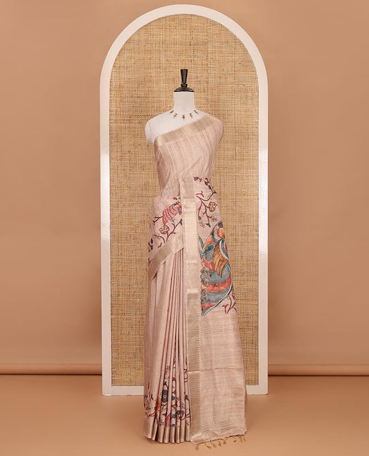Chikku kalamkari-style floral & peacock printed katan silk saree, traditional zari border, striped pallu & matching blouse