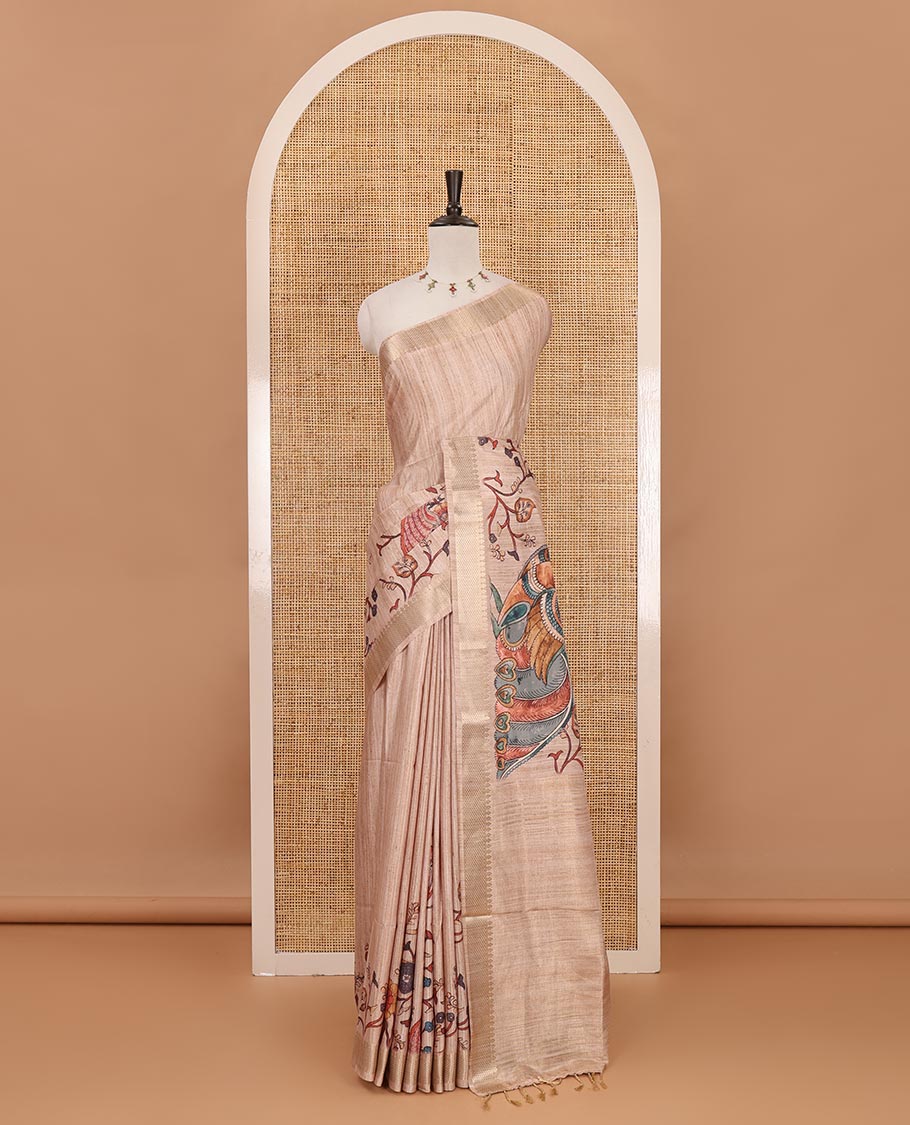 Chikku kalamkari-style floral & peacock printed katan silk saree, traditional zari border, striped pallu & matching blouse