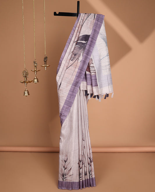Cream with violet leaf digital printed design semi-tussar saree with contrast border & printed pallu, tussles along with contrast plain blouse