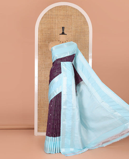 Purple silver zari checks and buttas Kanchi soft silk saree, contrast traditional zari rettai pettu border, intricate pallu, and a contrast plain blouse