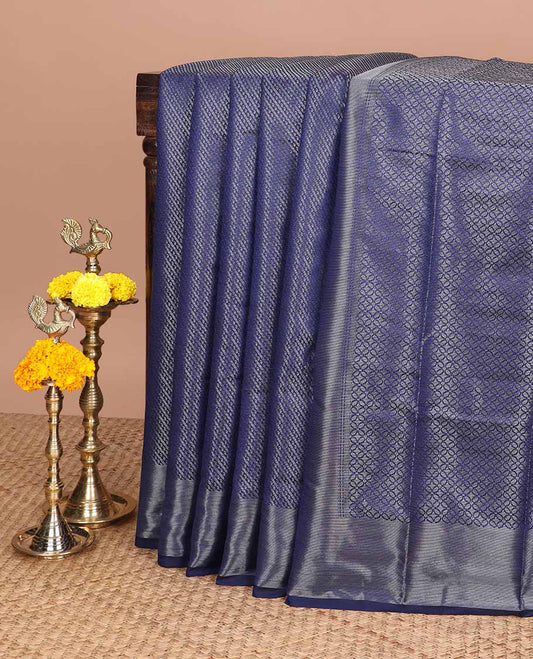 Navy blue antique zari striped desig soft silk saree with self border & self pallu along with silver zari blouse