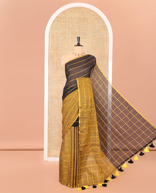 Mustard and Black Khadi Mul Cotton Saree, Decorated with Horizontal Zari Stripes on Its Body, Zari Piping Border, Subtly Striped Pallu, and Paired with a Contrast Blouse