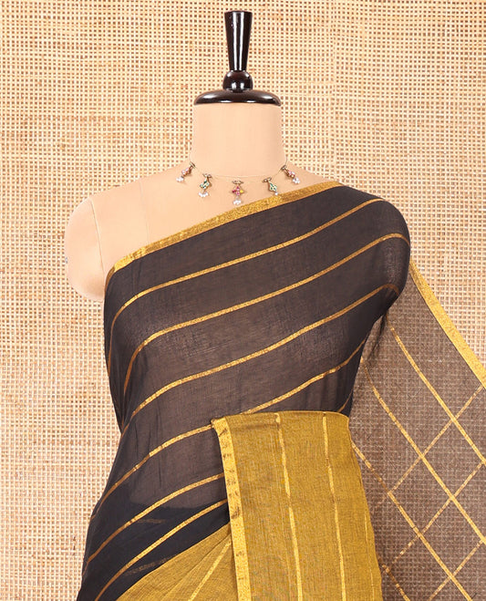 Mustard and Black Khadi Mul Cotton Saree, Decorated with Horizontal Zari Stripes on Its Body, Zari Piping Border, Subtly Striped Pallu, and Paired with a Contrast Blouse