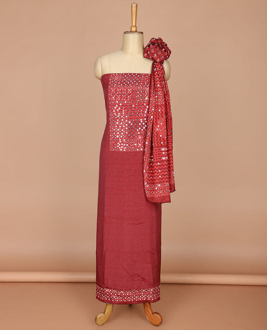 maroon self print , mirror work crepe chudidhar material top with americam crepe pants & self print, mirror work, lace border dupatta