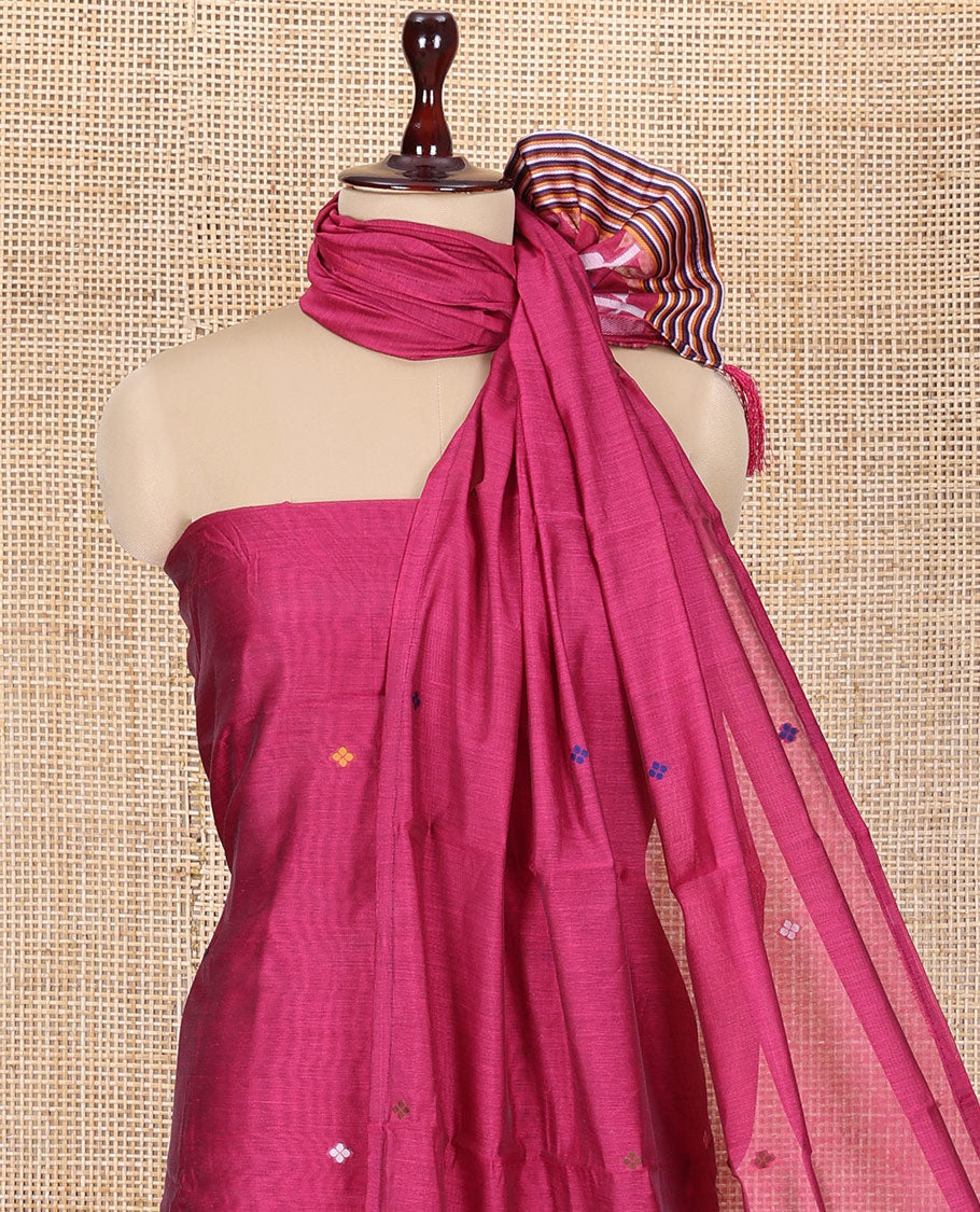 Rani Pink Mul Chanderi Material Churidar Features Jamdani-Style Meena Buttas Top, a Plain Bottom, and a Jamdani-Style Dupatta