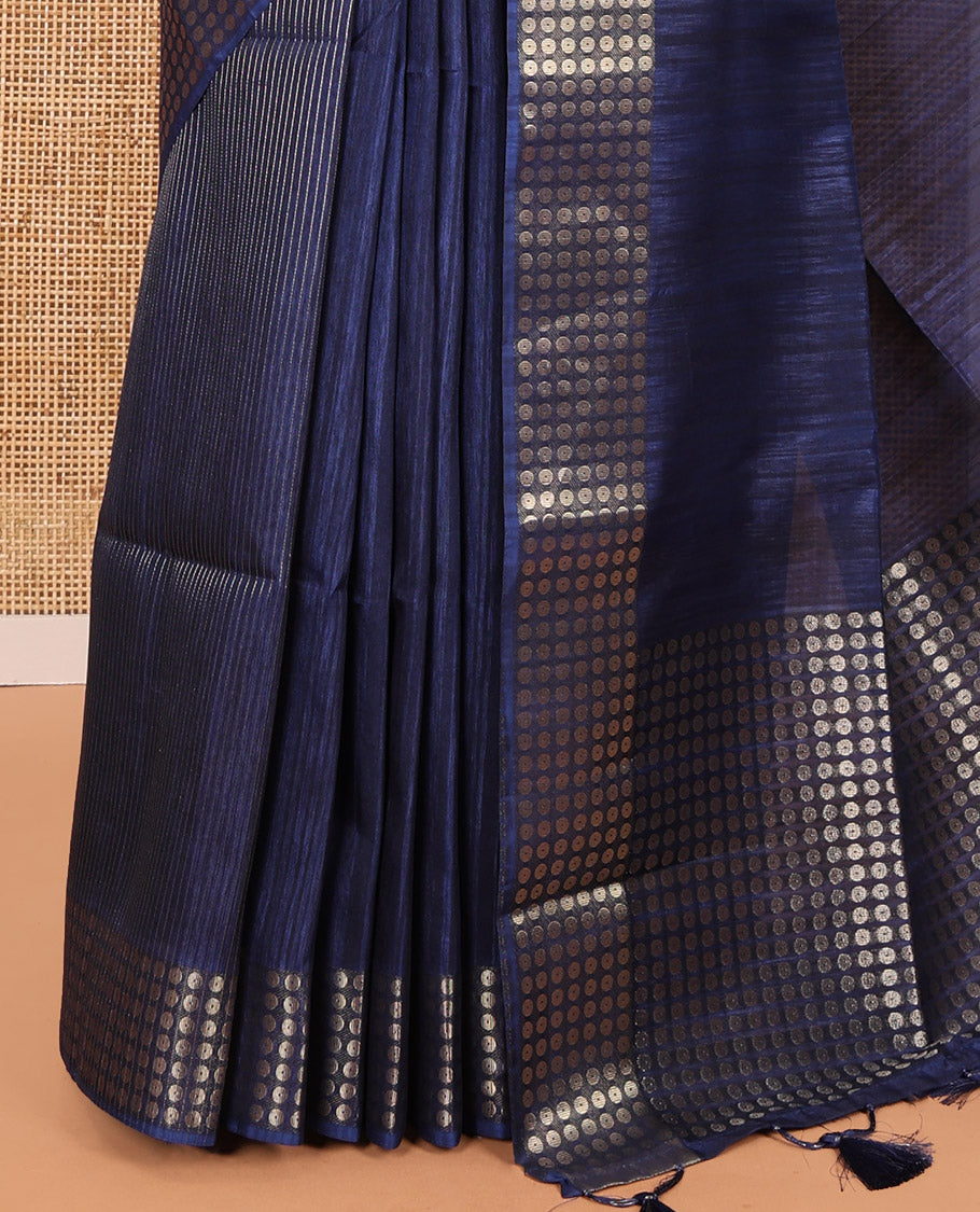 Navy Blue Fancy Tussar Saree, Polka Dotted Zari Border, Grand Pallu, a Floral Printed Blouse, Matching Blouse