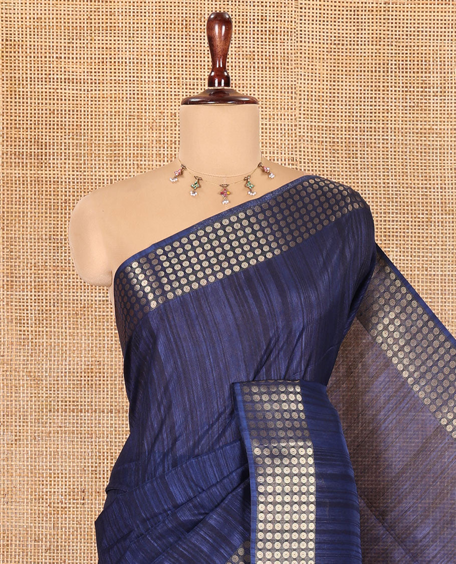 Navy Blue Fancy Tussar Saree, Polka Dotted Zari Border, Grand Pallu, a Floral Printed Blouse, Matching Blouse