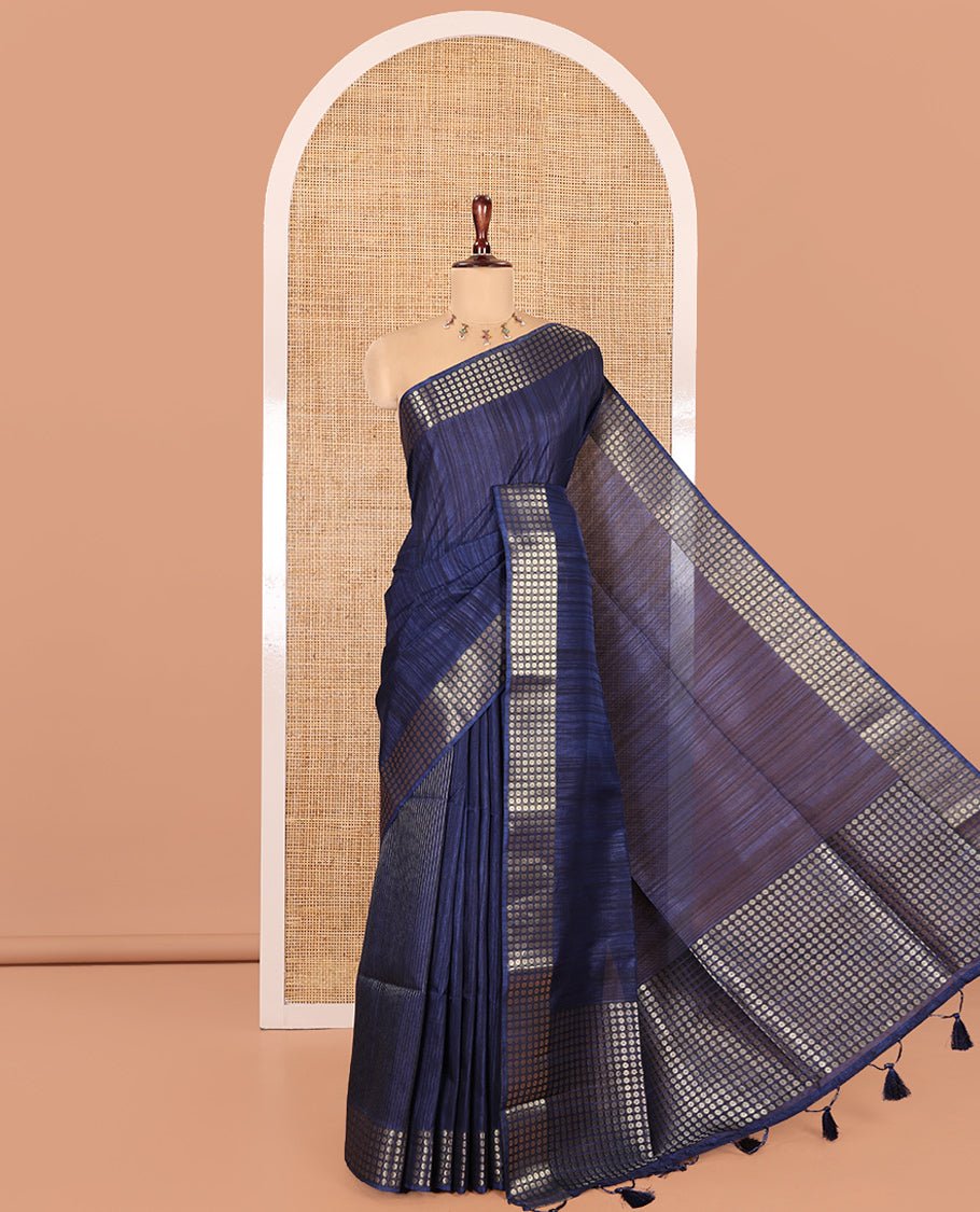 Navy Blue Fancy Tussar Saree, Polka Dotted Zari Border, Grand Pallu, a Floral Printed Blouse, Matching Blouse
