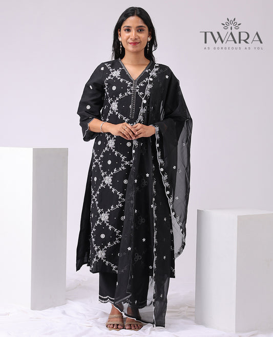 Twara black floral embroidered V neck, 3/4 th sleeve , below knee lenght straight cut kurti with straight pants & floral scallop border