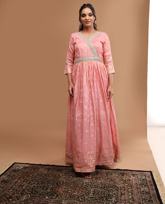 baby pink floral embroidered v neck, 3/4 th sleeve,floor length length top & floral zari design dupatta