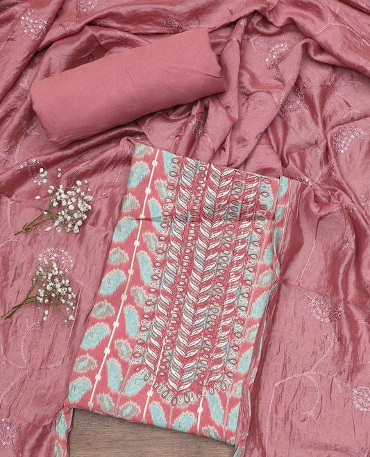 Pink material chudidar set, ikkat style printed and thread neck embroidered top, plain bottom and paisley vine sequins embroidered dupatta