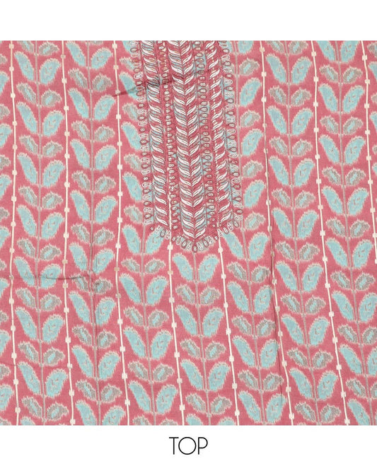 Pink material chudidar set, ikkat style printed and thread neck embroidered top, plain bottom and paisley vine sequins embroidered dupatta