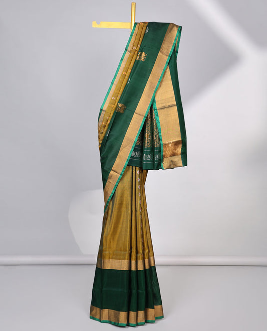Brown striped floral uppada silk saree with contrast zari design & intricate zari design pallu
