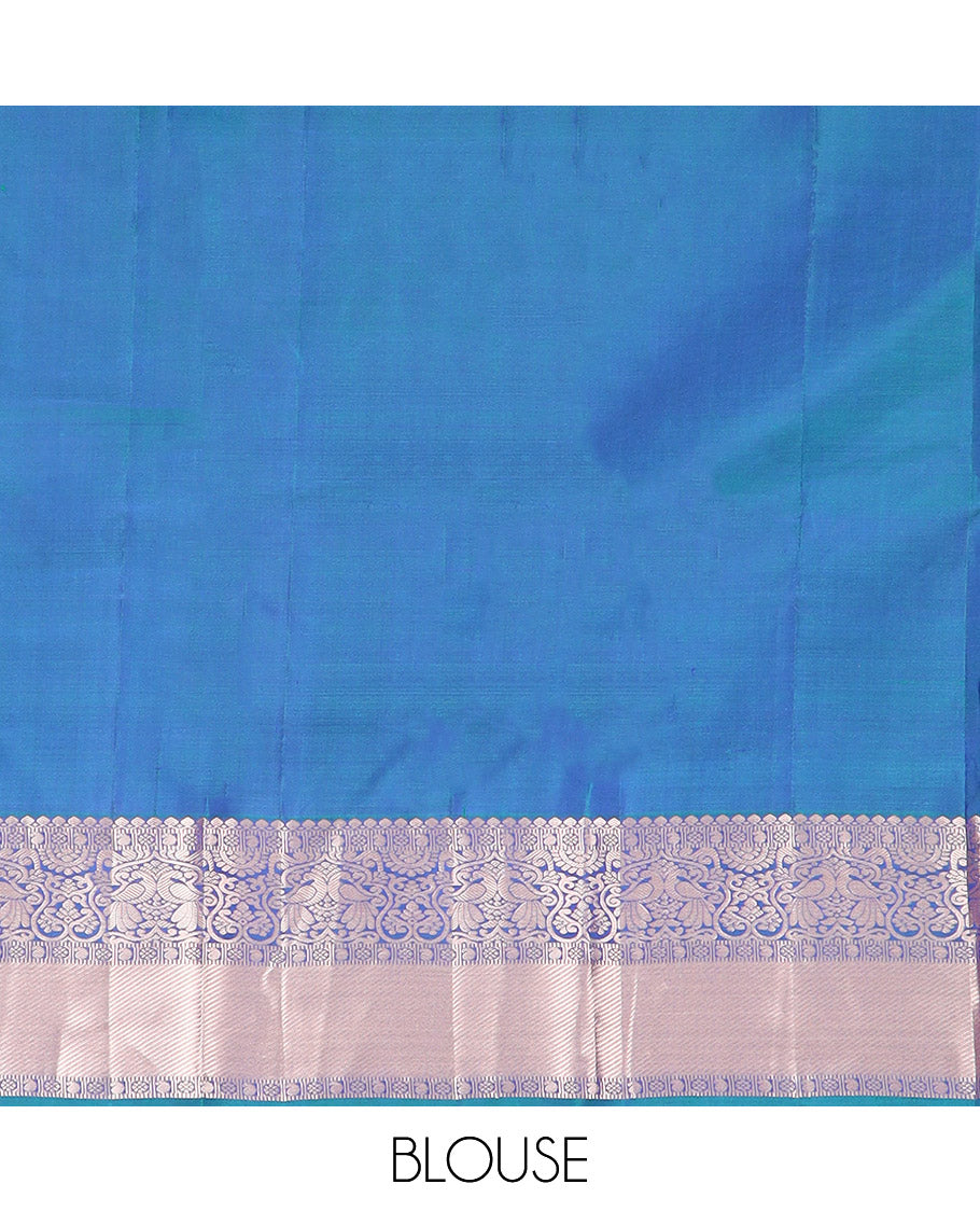 Blue Kanchipuram Wedding Silk Saree Graced with Ogee Jacquard Design, Complemented by Zari Border Featuring Thilakam Mokku, Kamalam, Manga, and Mayil Designs, Opulently Detailed Pallu of Annam Charkam Enclosed Checks, and Paired with a Matching Blouse