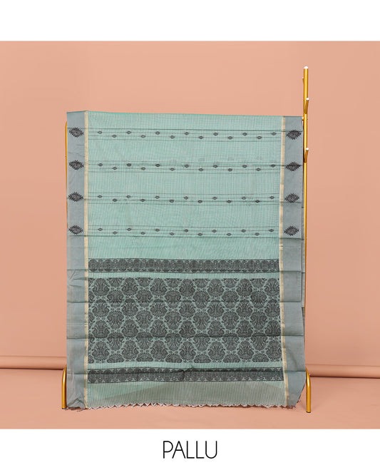 Pale Blue Kanchi Cotton Saree, Subtly Woven with Buttas and Stripes All Over Its Body, Complemented by Contrast Unique Motif Border, Intricate Pallu and Paired with a Matching Blouse