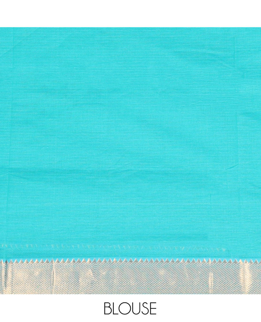 Turquoise Sparsely Striped Mangalgiri Cotton Saree, Highlighted by a Zari Border, Gleaming Zari-Striped Pallu, and Paired with a Matching Blouse Blouse