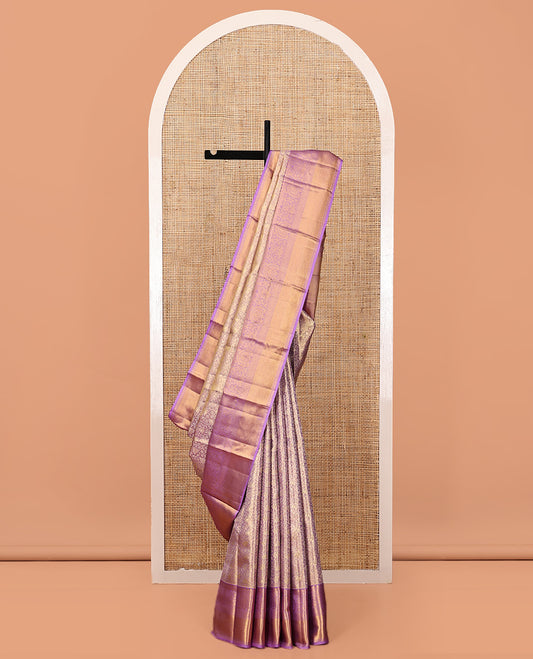 Lavender Kanchipuram Tissue Silk Saree, Elegantly Highlighted with Jacquard Design, Complemented by Contrast Border of Thilakam Mokku, and Vanki Designs, Grand Pallu, and Matching Blouse