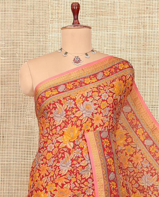 Red Printed Silk Saree, Ornamented with Floral Vine Print, a Contrast Traditional Zari Border, Floral Pallu, and a Matching Blouse