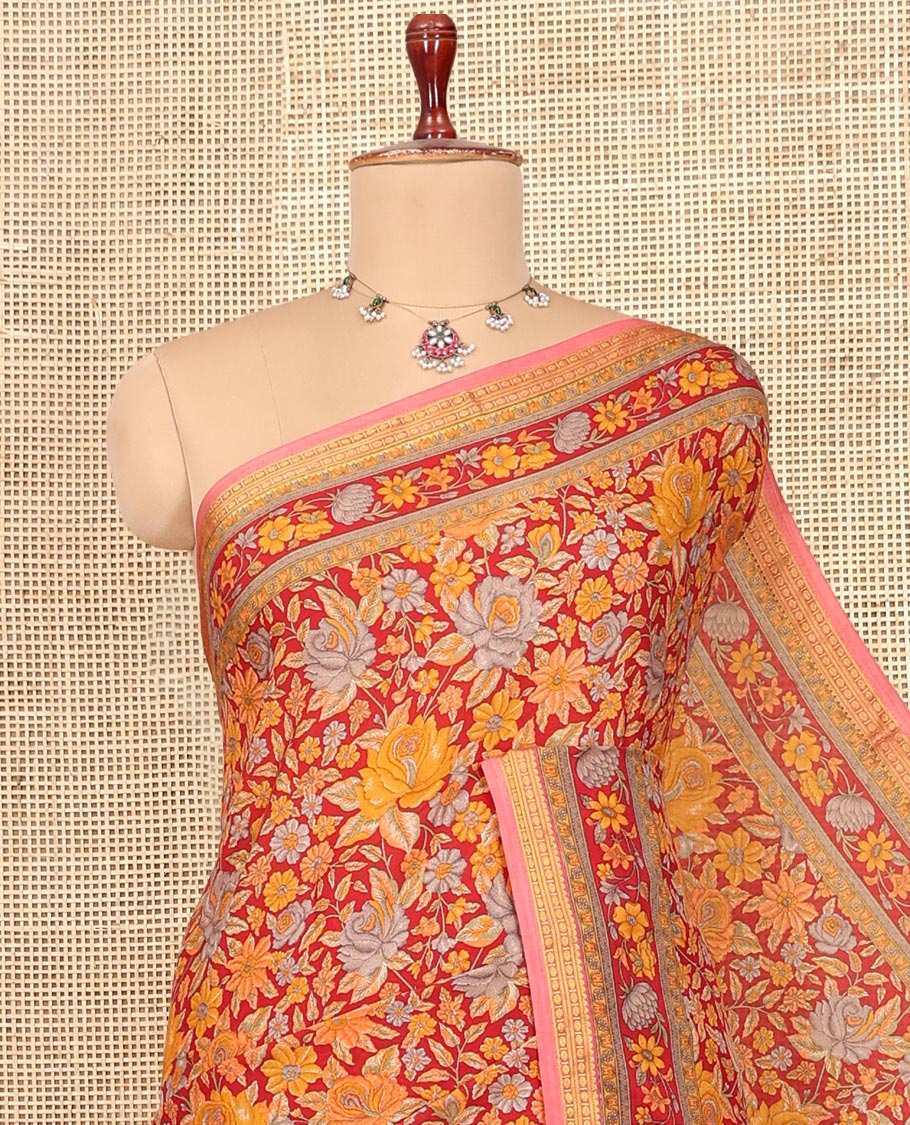 Red Printed Silk Saree, Ornamented with Floral Vine Print, a Contrast Traditional Zari Border, Floral Pallu, and a Matching Blouse