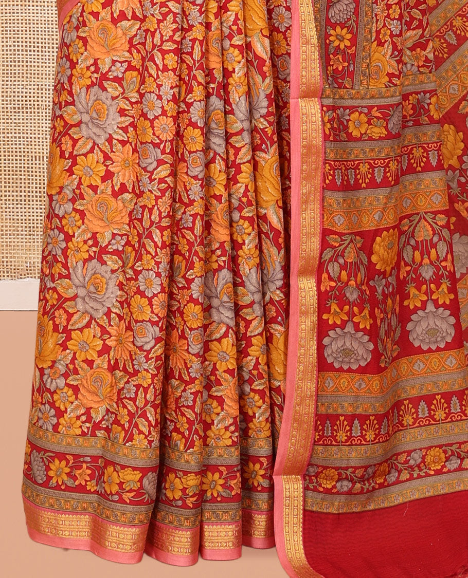 Red Printed Silk Saree, Ornamented with Floral Vine Print, a Contrast Traditional Zari Border, Floral Pallu, and a Matching Blouse
